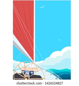 Sailing ship with red sail. View from sailboat captain cabin. Cloudy sky and deep blue sea water. Luxury yacht race, ocean sailing regatta vector. Nautical worldwide yachting and traveling.