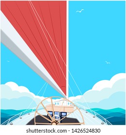 Sailing ship with red sail. View from sailboat captain cabin. Cloudy sky and deep blue sea water. Luxury yacht race, ocean sailing regatta vector. Nautical worldwide yachting and traveling.