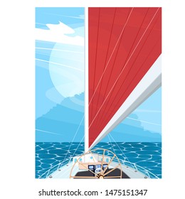 Sailing ship with red sail. View from sailboat captain cabin. Cloudy sky and deep blue sea water. Luxury yacht race, ocean sailing regatta vector. Nautical worldwide yachting and traveling.