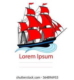 Sailing ship with red sails. Vector illustration