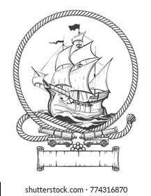 Sailing ship in rope frame with ship cannons drawn in engraving style. Vector illustration.