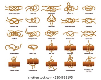 Nudos de cuerda para barcos de vela, corbata para marineros y arco. Doble plegado de carrick, lazo de lariat, corbata de hitching, cirujanos y arco de sobremano, dos medias hitches, cabeza de alondras, juego de nudos de vela doble vectorial