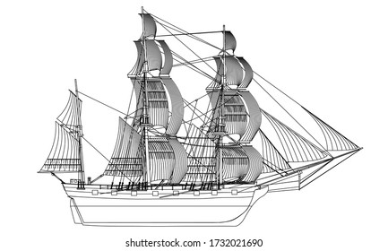 Sailing ship, sailboat isolated on white background. Old sailing for sailing sport, ocean cruise, marine trip.