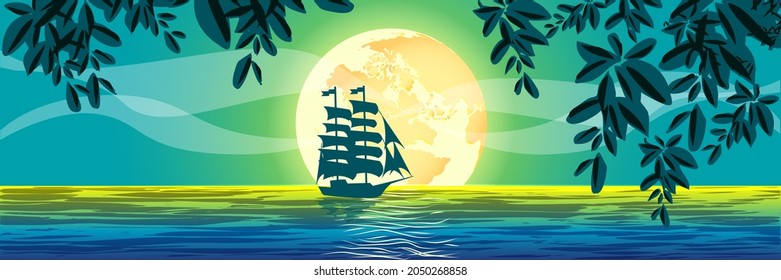 Sailing ship, sailboat silhouetted in a blue sea, ocean  on green background, yellow sunset vector illustration