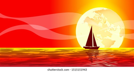 Sailing ship, sailboat silhouetted in a red sea, ocean  on orange background, yellow sunset vector illustration