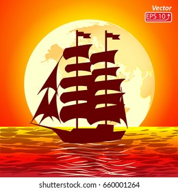 Sailing ship, sailboat silhouetted in a red sea, ocean  on orange background, yellow sunset vector illustration