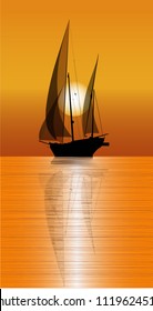 Sailing Ship Sailboat Silhouetted. Vector Illustration.