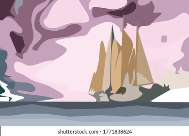 Sailing ship with sails against the background