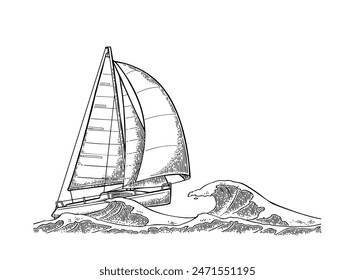 Sailing ship sails in a stormy sea with big waves. Vector vintage black engraving illustration. Hand drawn graphic style. For yacht club poster.