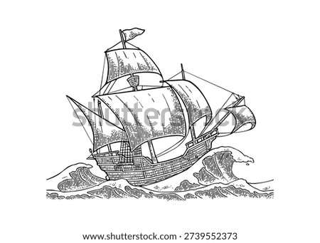 Sailing ship sails in a stormy sea with big waves. Vector vintage black engraving illustration Caravel Santa Maria for poster Day Columbus. Hand drawn graphic style.