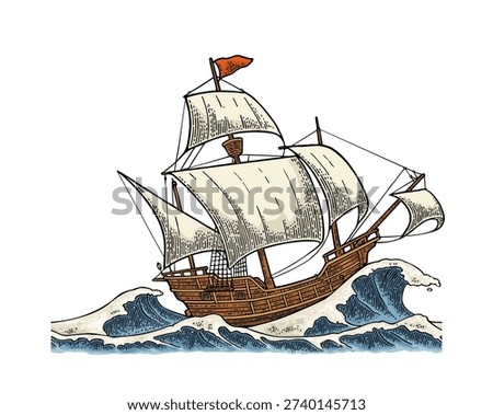 Sailing ship sails in a stormy sea with big waves. Vector vintage black engraving illustration Caravel Santa Maria for poster Day Columbus. Hand drawn graphic style.