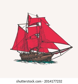 Sailing ship with scarlet sails, graphic hand drawing. A love story, a book by Alexander Green, an isolated object. 