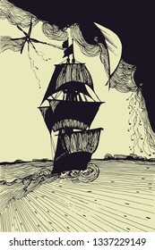 sailing ship at sea. Hand-drawn vector graphic illustration with lines and textures.