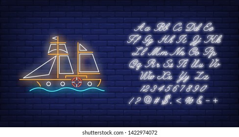 Sailing ship in sea neon sign. Vessel, voyage, adventure design. Night bright neon sign, colorful billboard, light banner. Vector illustration in neon style.