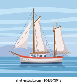 Sailing ship in the sea on seascape, vector illusration, isolated, cartoon style