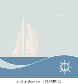 Sailing ship. Sea poster sailing yacht on waves in retro style. Vector illustration.