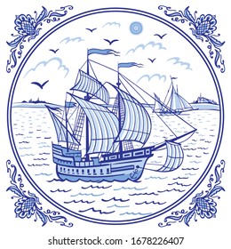 Sailing ship at sea, seascape in a patterned frame, illustration in folk style, Eastern or European painting for dishes, ceramics, etc. in blue tones.