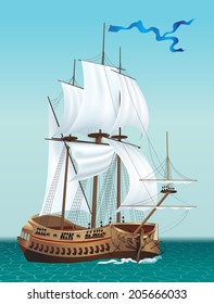 Sailing Ship in the Sea. Vector illustration.