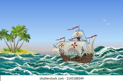 Sailing ship with sea waves and tropical island, vector illustration for Columbus Day design.