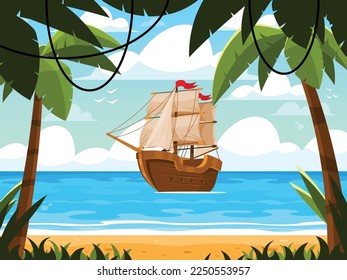 Segelschiff im Meer. Holzsegler auf Wasser. Schiff vor der Küste einer tropischen Insel. Cartoon, Vektorgrafik.