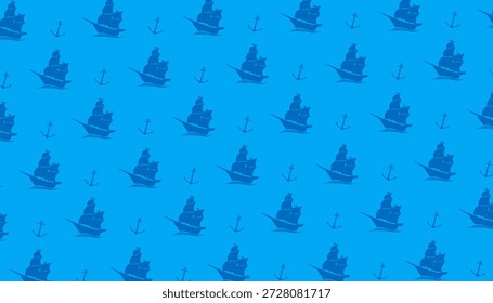 Sailing Ship Seamless Pattern Blue Nautical Flat Background