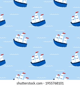 Sailing ship seamless pattern. Cartoon hand drawn colorful sail childish collection, water transport on blue background. Kids decor textile wrapping paper, wallpaper vector print or fabric