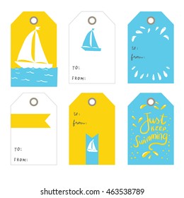 sailing ship. Set of 6  creative tags  templates with marine theme design.   blue and yellow Collection tags, cute tags, Set tags, printable tags, hand drawn tags