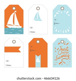 sailing ship. Set of 6  creative tags  templates with marine theme design.  summer and sea