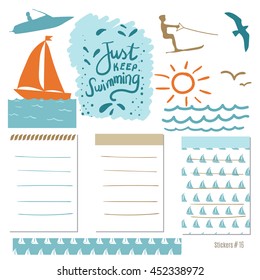 sailing ship Set scrapbooking cards, tapes, sticker, labels hand drawn.