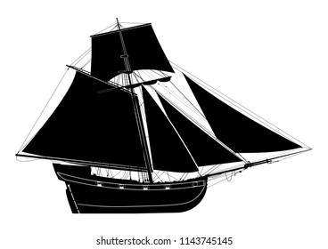 Sailing ship. Seventeenth-century bermuda sloop. Pirate ship.Side view. Flat vector.
