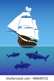 Sailing ship and sharks in the sea. Vector Illustration