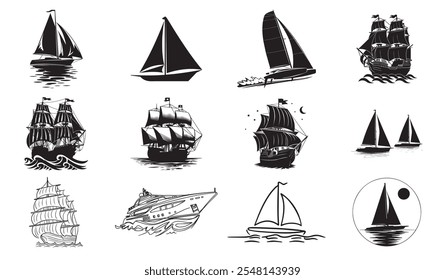 Pacote de Silhueta de navio à vela, Conjunto de ícone de navio à vela.