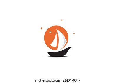 logotipo de la silueta del barco de vela con fondo de luna llena decorado con estrellas