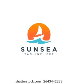 Sailing ship silhouette on waves. Logo design