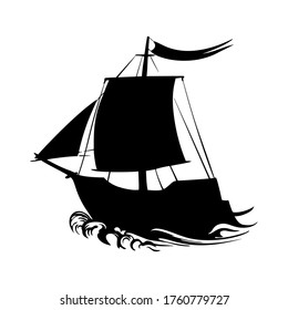  Sailing ship silhouette pirate boat and sea on a white background vector.