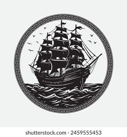 Sailing ship silhouette at sea in Greek key round frame vector