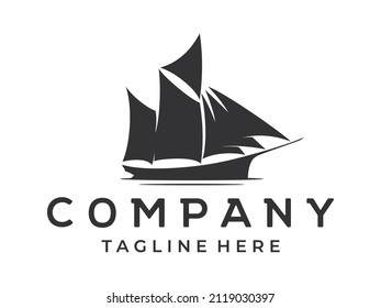 Sailing ship silhouette vector illustration Logo, icon, Adventure, Art, Black Color, Boat Deck stock illustration