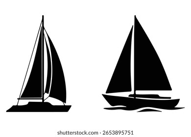 Vela navio silhueta vetor ilustração com ondas do oceano.