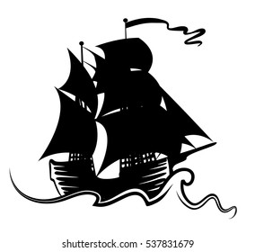 Sailing Ship Silhouette And Wave, Vector Illustration