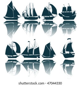 Sailing ship silhouettes collection over white background