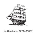 Sailing ship sketch, hand drawn illustrations. Vector.