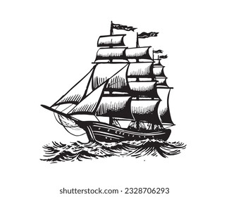 Esbozo de barcos de vela, ilustraciones a mano. Vector.	