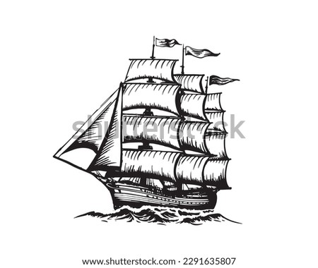 Sailing ship sketch, hand drawn illustrations. Vector.