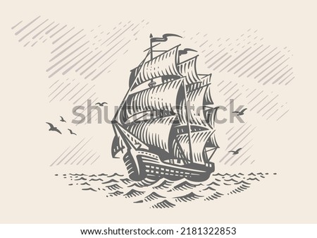 Sailing ship sketch. Old Fashioned Vintage