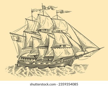 Sailing ship sketch. Old sailboat sails on the sea waves in vintage engraving style. Vector illustration