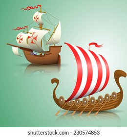 Sailing ship of Spain and  Viking ship. Vector illustrations.