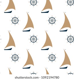 Sailing ship and steering wheel seamless pattern.