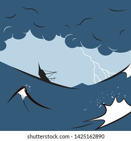 Sailing ship in storm sea. Vector illustration in cartoon style