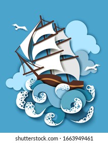 Sailing ship in storm, vector illustration in paper art craft style. Sailboat and raging sea waves. Travel, adventure, sea tour concept.