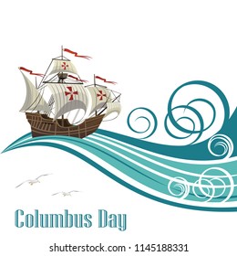 Sailing ship with stylized green waves for Columbus Day design.